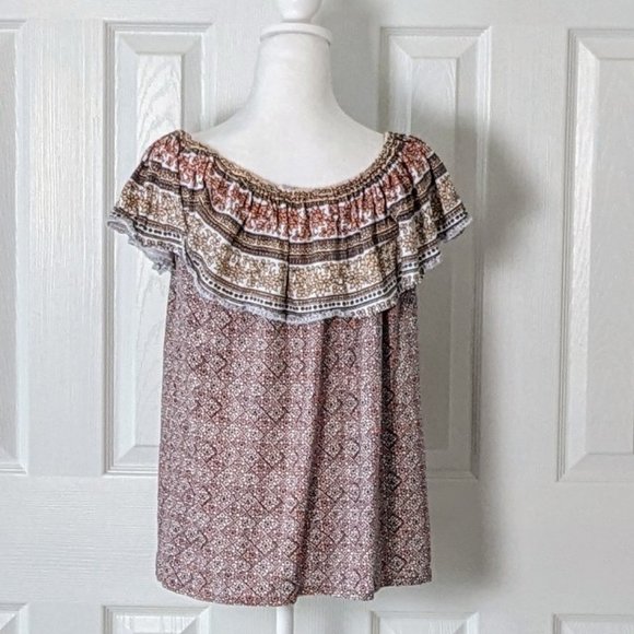 JANE AND DELANCEY Women's On or Off Shoulder Top Blouse Size M Peach Print NWOT - Picture 3 of 7